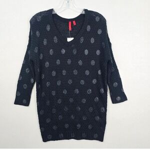 5/48 3/4 Sleeve Polka Dot Open Knit V-Neck Women Sweater Black Small New